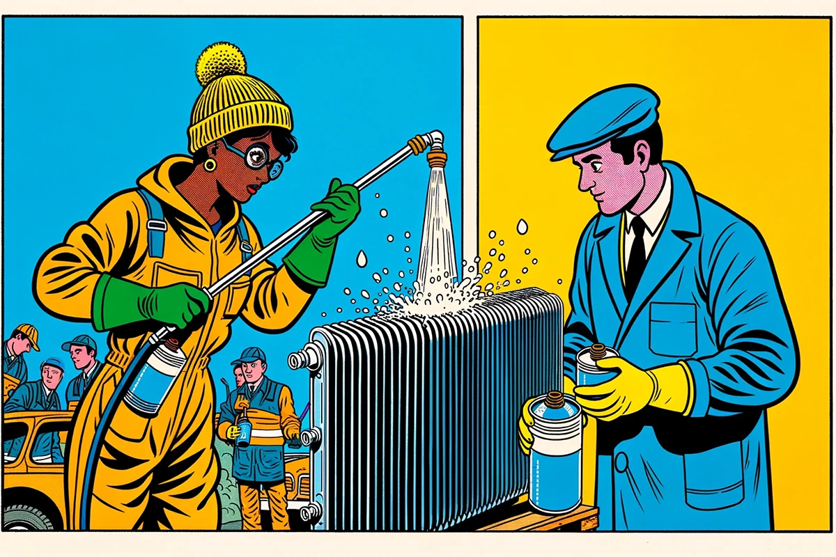 Une illustration de bande dessinée dynamique au style inspiré de Tintin, dépeignant deux méthodes de rénovation de radiateur : le sablage et le décapage chimique. Deux artisans, une femme noire effectuant le sablage d'un radiateur et un homme blanc appliquant soigneusement des produits chimiques, sont mis en avant, illustrant visuellement le processus de chaque méthode.