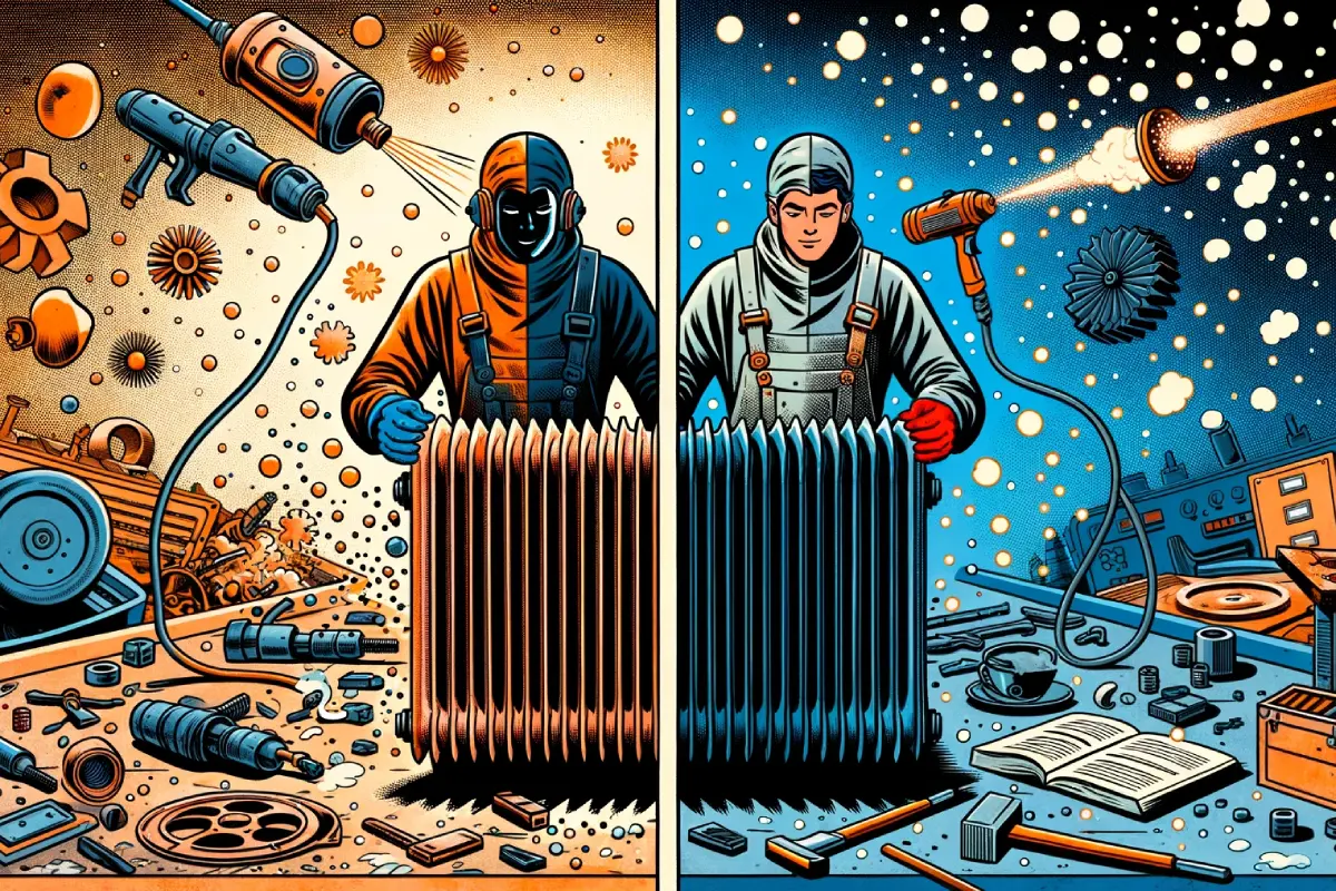 Illustration de bande dessinée illustrant le sablage de radiateur par rapport au ponçage mécanique
