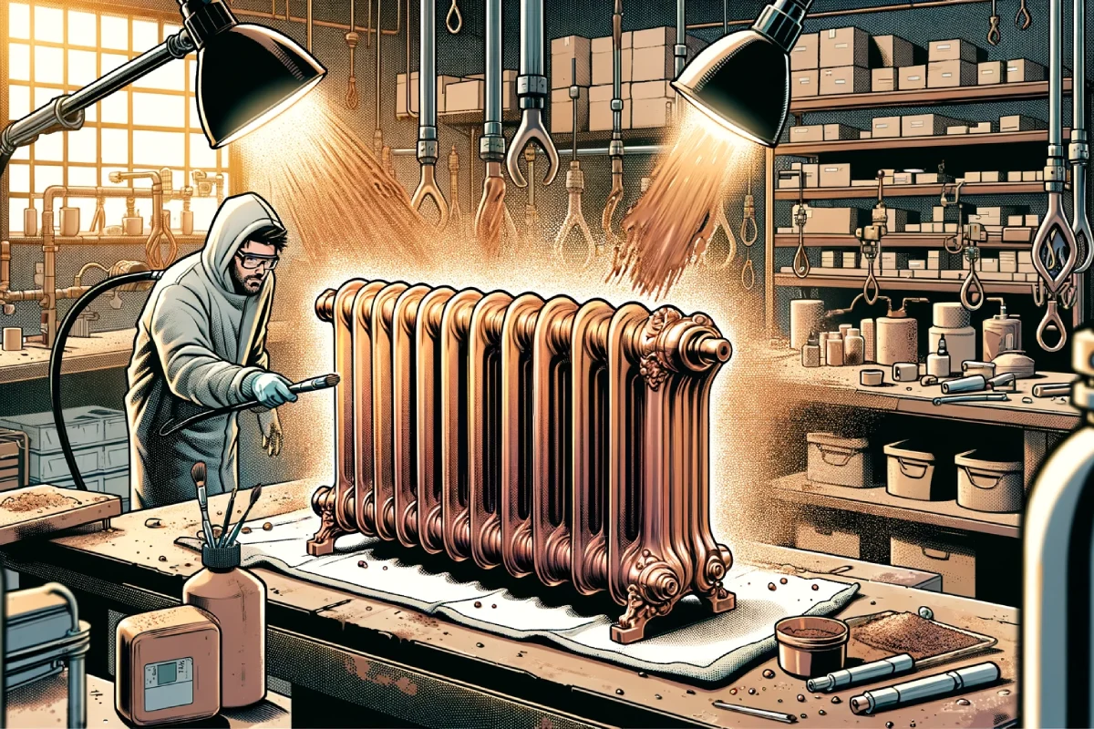 Illustration d'un processus de sablage innovant sur un radiateur, révélant une finition cuivrée de haute qualité