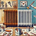 transformation d'un radiateur en fonte, passant de l'état rouillé à une finition fraîchement peinte. Cette scène met en avant les différentes étapes et outils nécessaires pour obtenir un résultat élégant et durable
