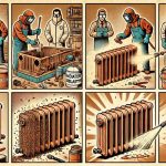 Illustration qui montre les différentes étapes du sablage de radiateurs, de la préparation au sablage et enfin au radiateur nettoyé prêt pour la peinture. La couleur dominante est la rouille, reflétant l'état initial des radiateurs avant le processus de restauration.