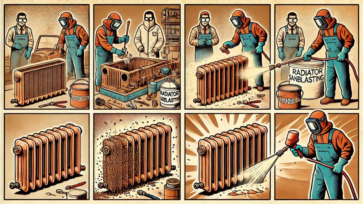 Illustration qui montre les différentes étapes du sablage de radiateurs, de la préparation au sablage et enfin au radiateur nettoyé prêt pour la peinture. La couleur dominante est la rouille, reflétant l'état initial des radiateurs avant le processus de restauration.