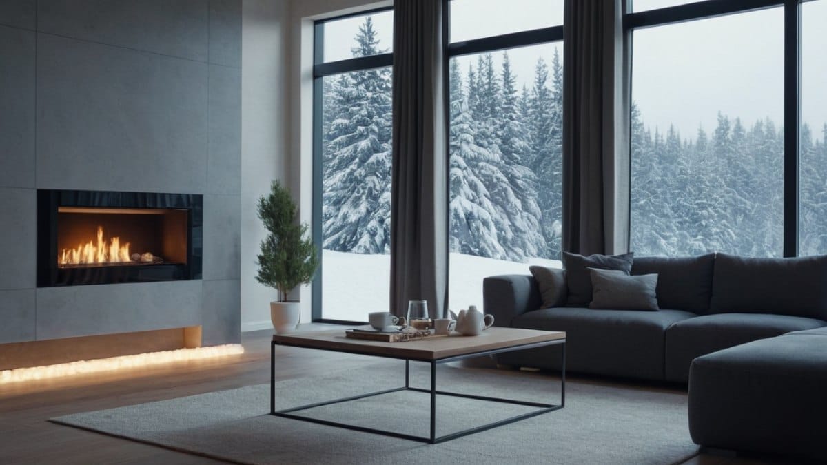 Salon chaleureux avec radiateur à eau chaude, contrastant avec un extérieur hivernal froid, illustrant le confort et la chaleur d’un bon système de chauffage.