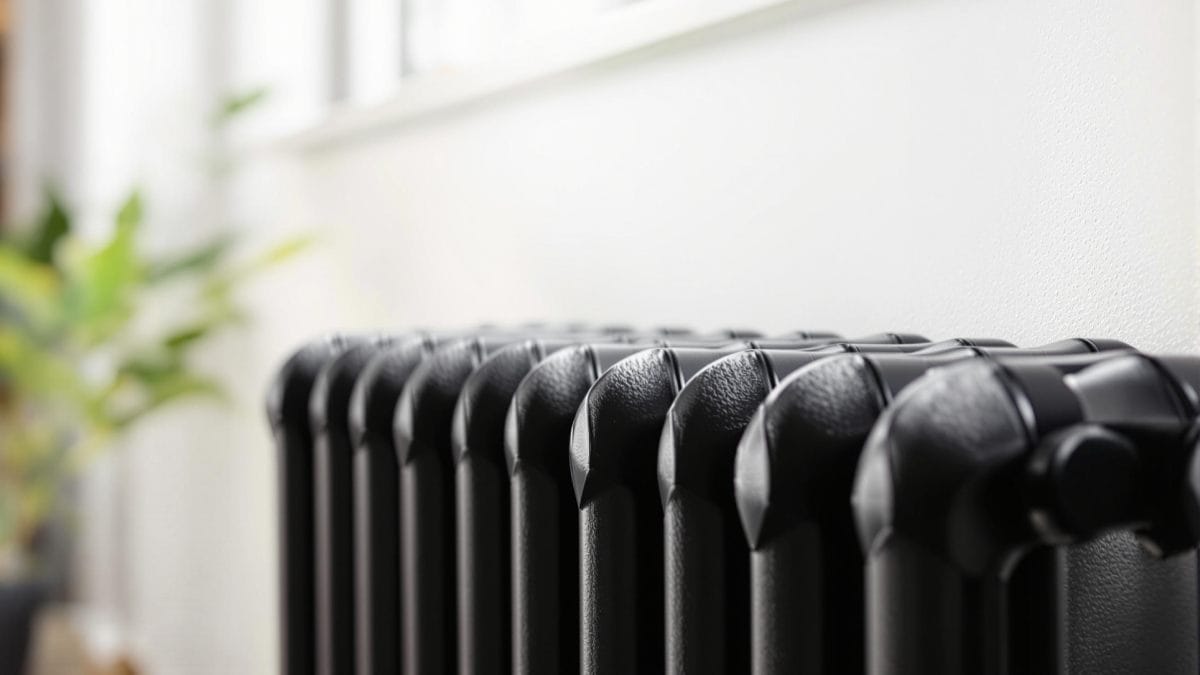 Radiateur en fonte rénové avec finition noire mate dans un intérieur moderne