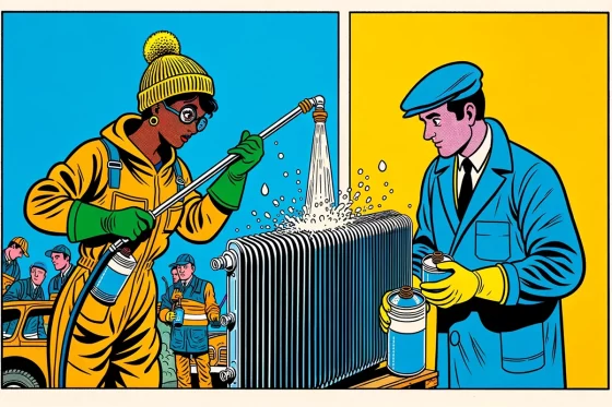 Une illustration de bande dessinée dynamique au style inspiré de Tintin, dépeignant deux méthodes de rénovation de radiateur : le sablage et le décapage chimique. Deux artisans, une femme noire effectuant le sablage d'un radiateur et un homme blanc appliquant soigneusement des produits chimiques, sont mis en avant, illustrant visuellement le processus de chaque méthode.