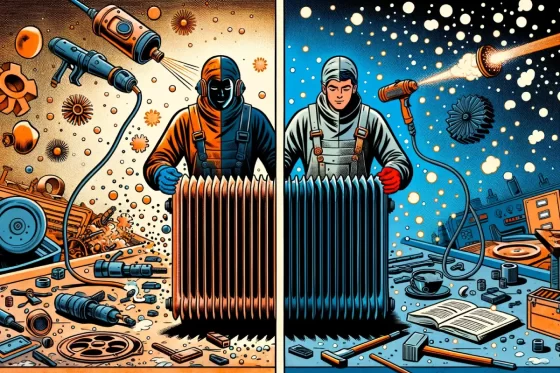 Illustration de bande dessinée illustrant le sablage de radiateur par rapport au ponçage mécanique