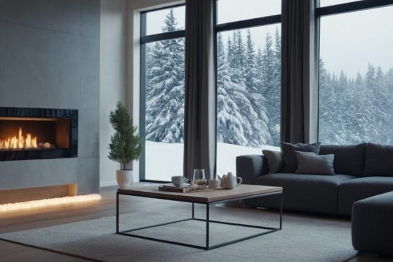 Salon chaleureux avec radiateur à eau chaude, contrastant avec un extérieur hivernal froid, illustrant le confort et la chaleur d’un bon système de chauffage.
