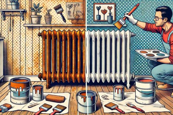 transformation d'un radiateur en fonte, passant de l'état rouillé à une finition fraîchement peinte. Cette scène met en avant les différentes étapes et outils nécessaires pour obtenir un résultat élégant et durable