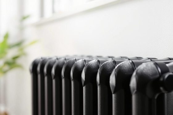 Radiateur en fonte rénové avec finition noire mate dans un intérieur moderne
