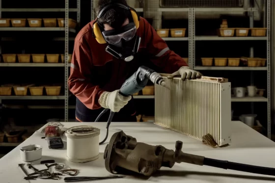 Illustration détaillant les mesures de sécurité pendant le sablage d'un radiateur, mettant en avant l'utilisation d'équipements de protection.