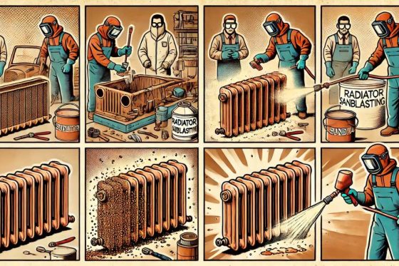 Illustration qui montre les différentes étapes du sablage de radiateurs, de la préparation au sablage et enfin au radiateur nettoyé prêt pour la peinture. La couleur dominante est la rouille, reflétant l'état initial des radiateurs avant le processus de restauration.