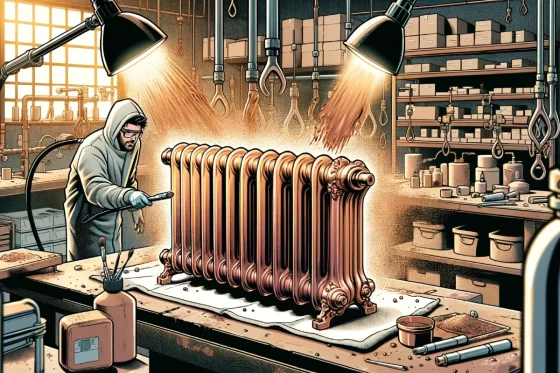 Illustration d'un processus de sablage innovant sur un radiateur, révélant une finition cuivrée de haute qualité